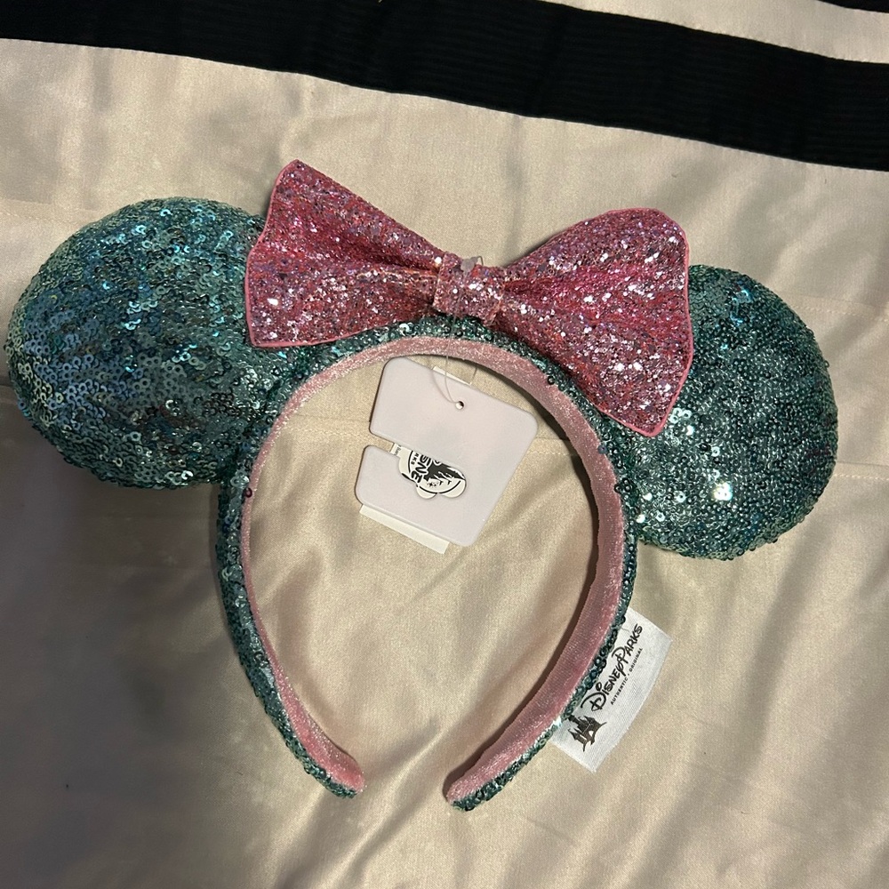 COPY - Disney Parks teal & pink Sequin Mint Minnie Mouse ears headband.